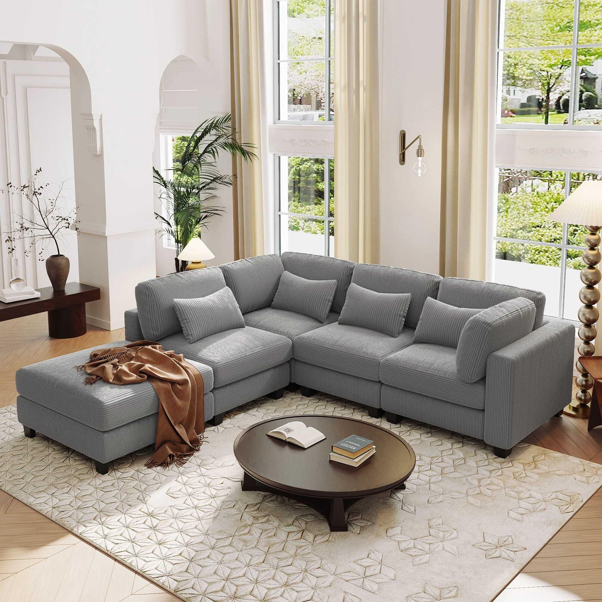 99.6'' L-Shaped 5-Seat Sectional Sofa with Removable Ottomans, Supportive Lumbar Cushions, and Solid Wood Base
