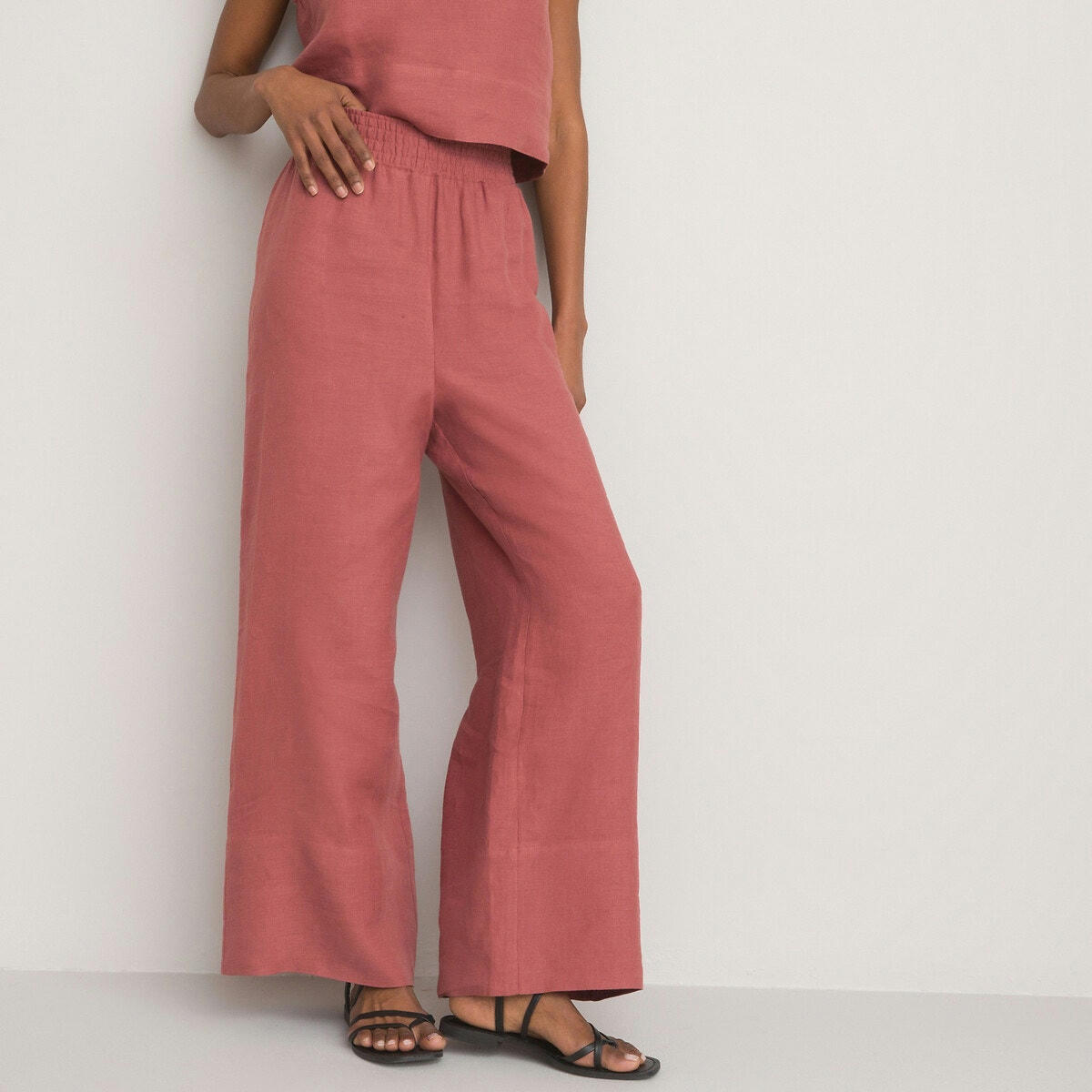 Pantalon large, taille haute en lin