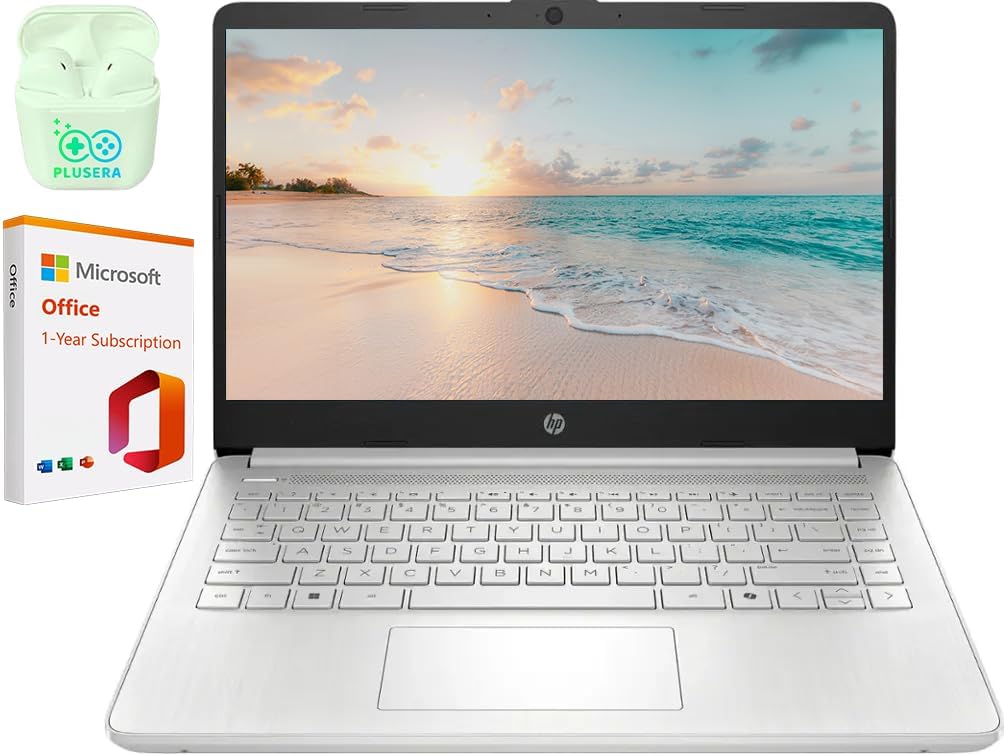 HP 14 LED Business Laptop Computer  16GB RAM 640GB Storage (128GB UFS + 512GB SD Card)  Intel Quad-Core N150 Processor  Windows 11 S & 1-Year Microsoft Office 365 Included  PLUSERA Earphones  Silver