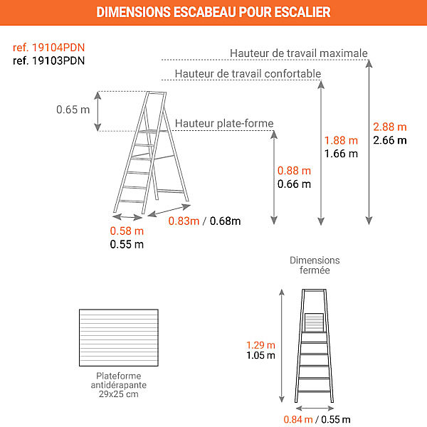 Escabeau 3 marches pour escalier - Hauteur de travail max 2m66 - 19103PDN