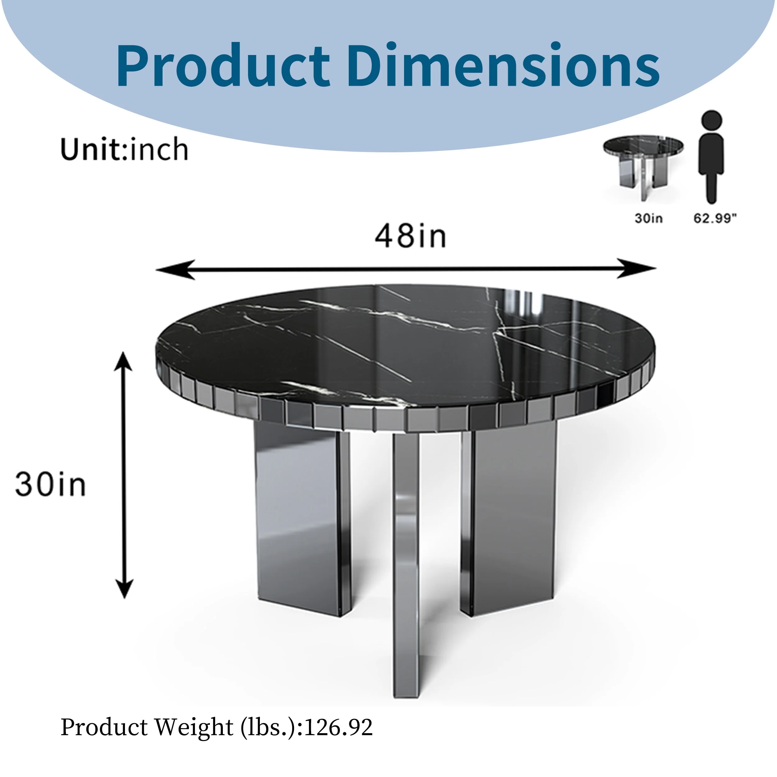 48 Round Faux Marble Dining Table, Scratch/Heat Resistant, Easy-Clean