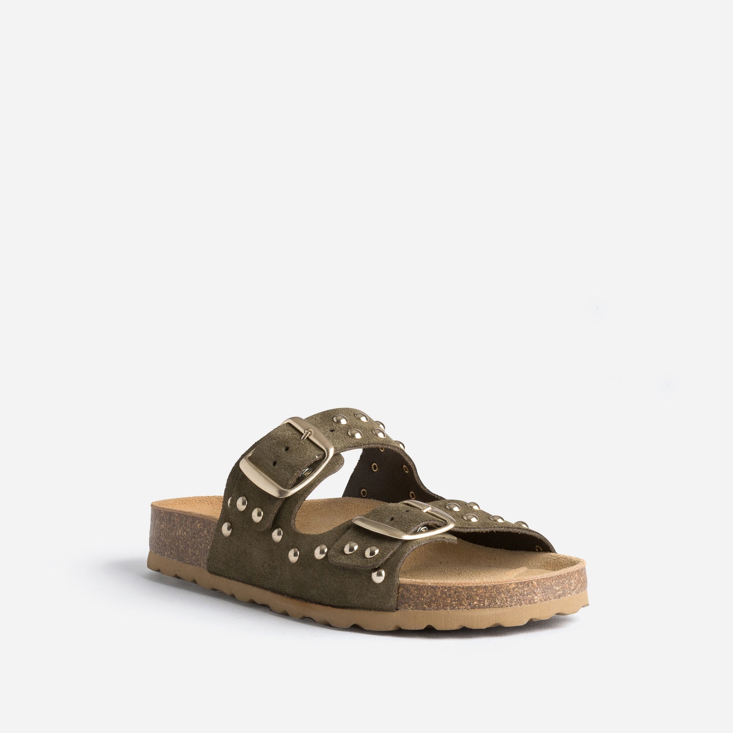 Mule TEXTO anatomique kaki en cuir velours éco-conçu à clous