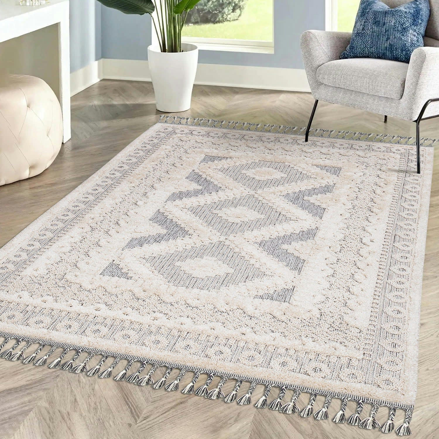 BOHOUSE - Tapis bohème chic à franges tressées crème et gris 80x150cm