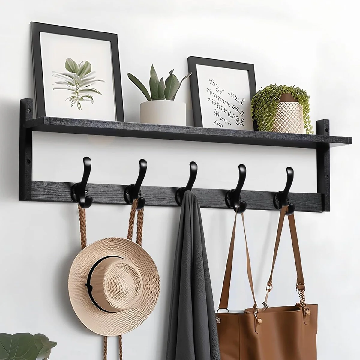 29'' Coat Rack Wall Mount with Shelf, Wood Wall Hooks with Storage