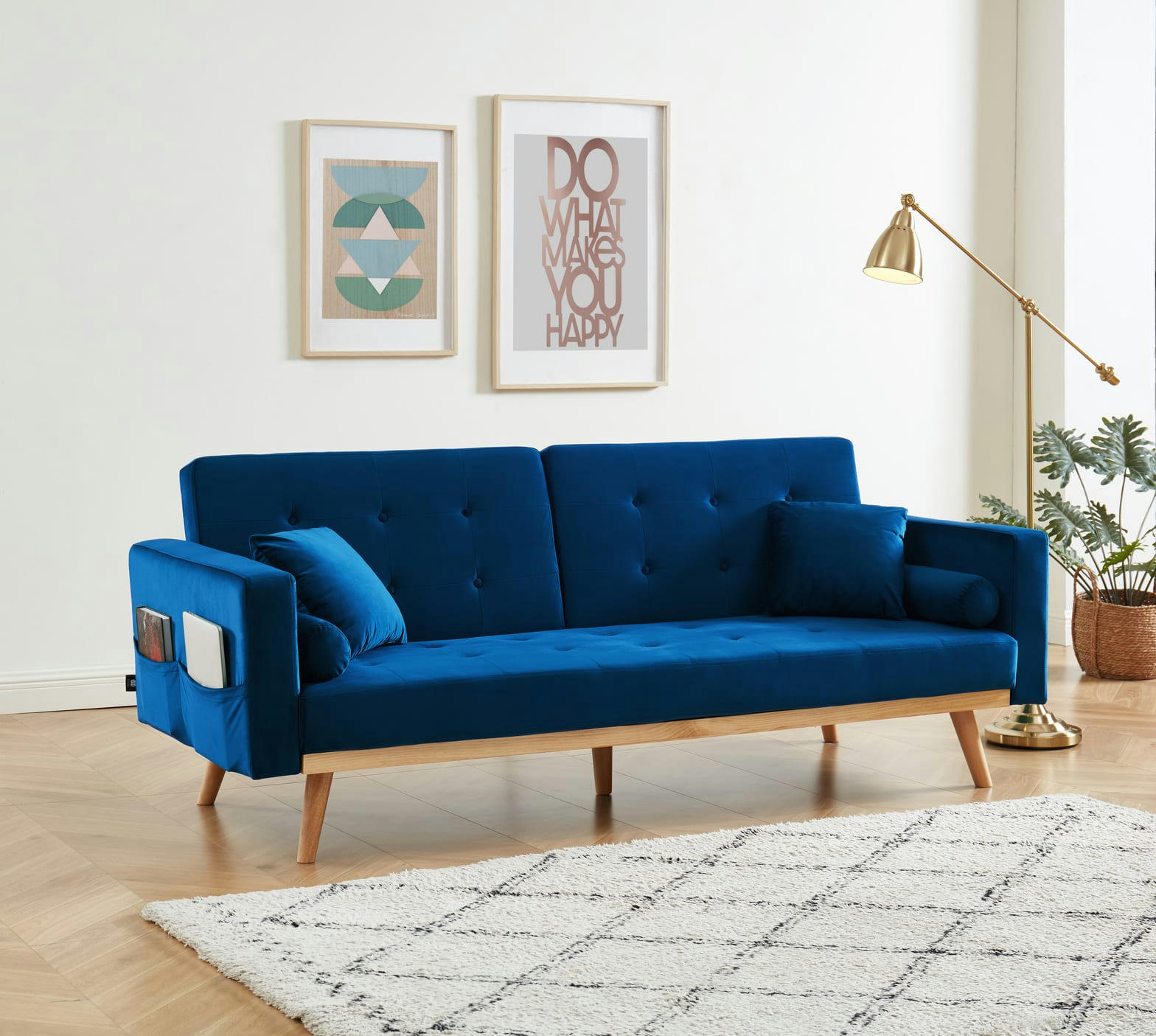 KELLY - Canapé droit convertible en velours 3 places bleu