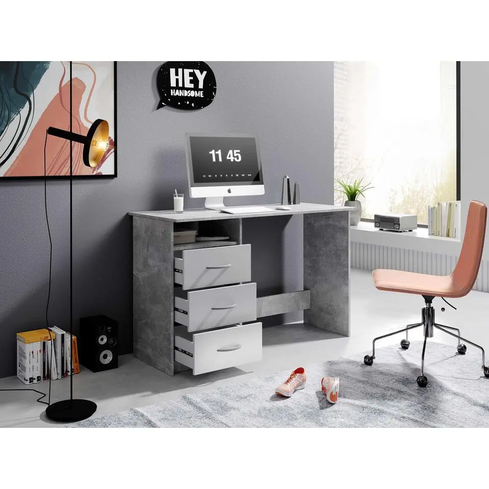 Bureau Adriano 123cm met 3 lades - beton/wit
