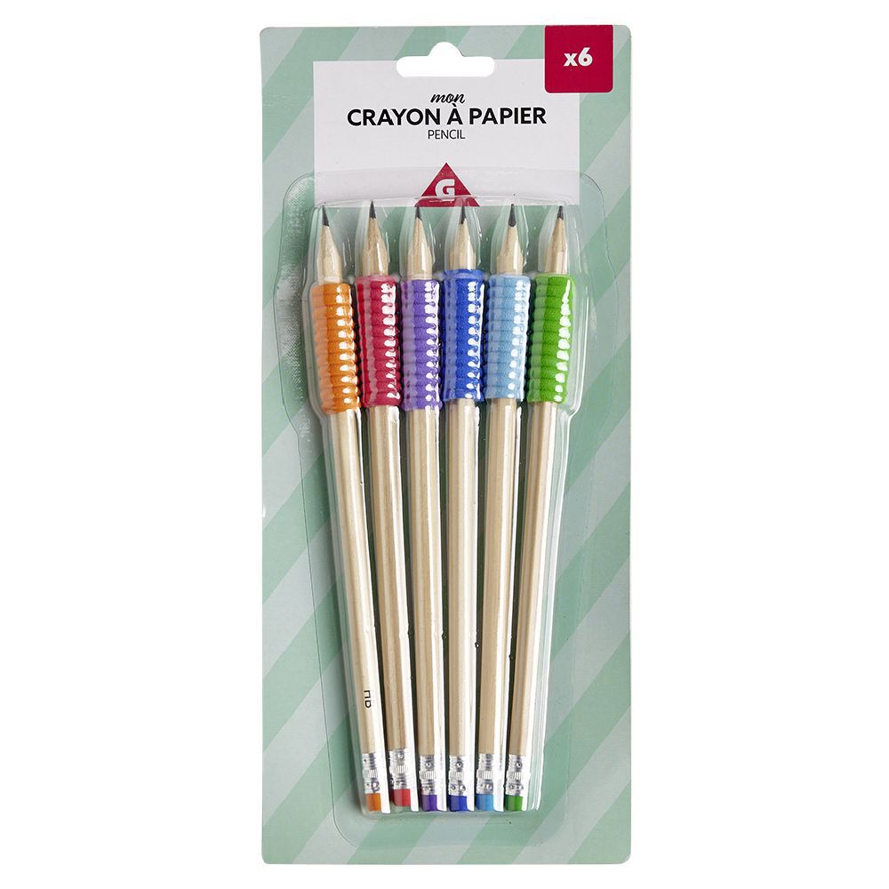 Crayon à papier HB avec grip et gomme x6