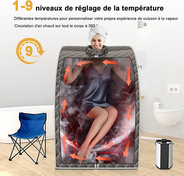 1000W Sauna à Vapeur Portable 3L Sauna Cabine Pliable avec Chaise Température Réglable à 64 degrés 9 Minuterie Réglable Gris