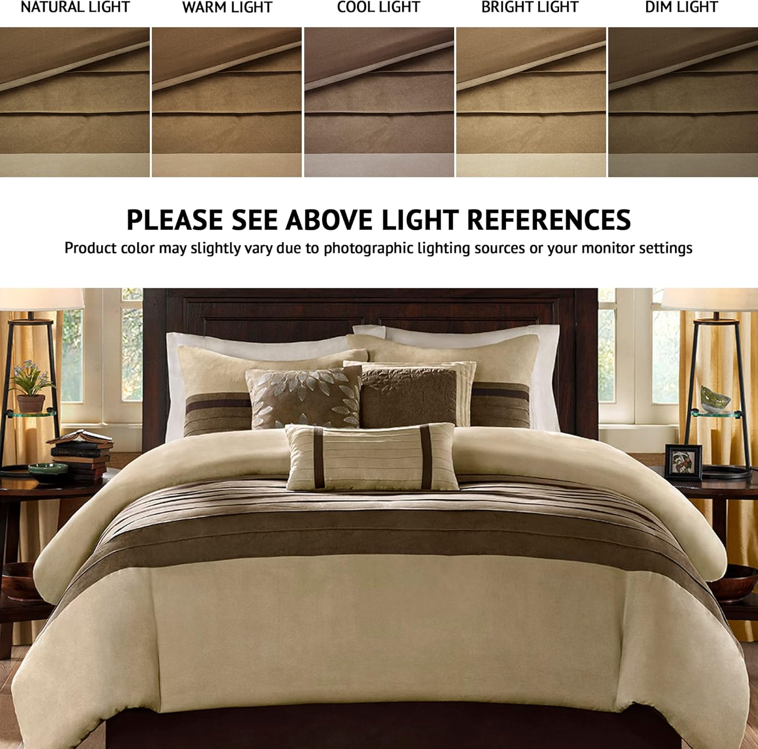 Madison Park Cozy Comforter Set-Luxury Faux Suede Design, Striped Accent, All Season Down Alternative Bedding, Matching Shams, Decorative Pillow, Natural, California King (104 in x 92 in)
