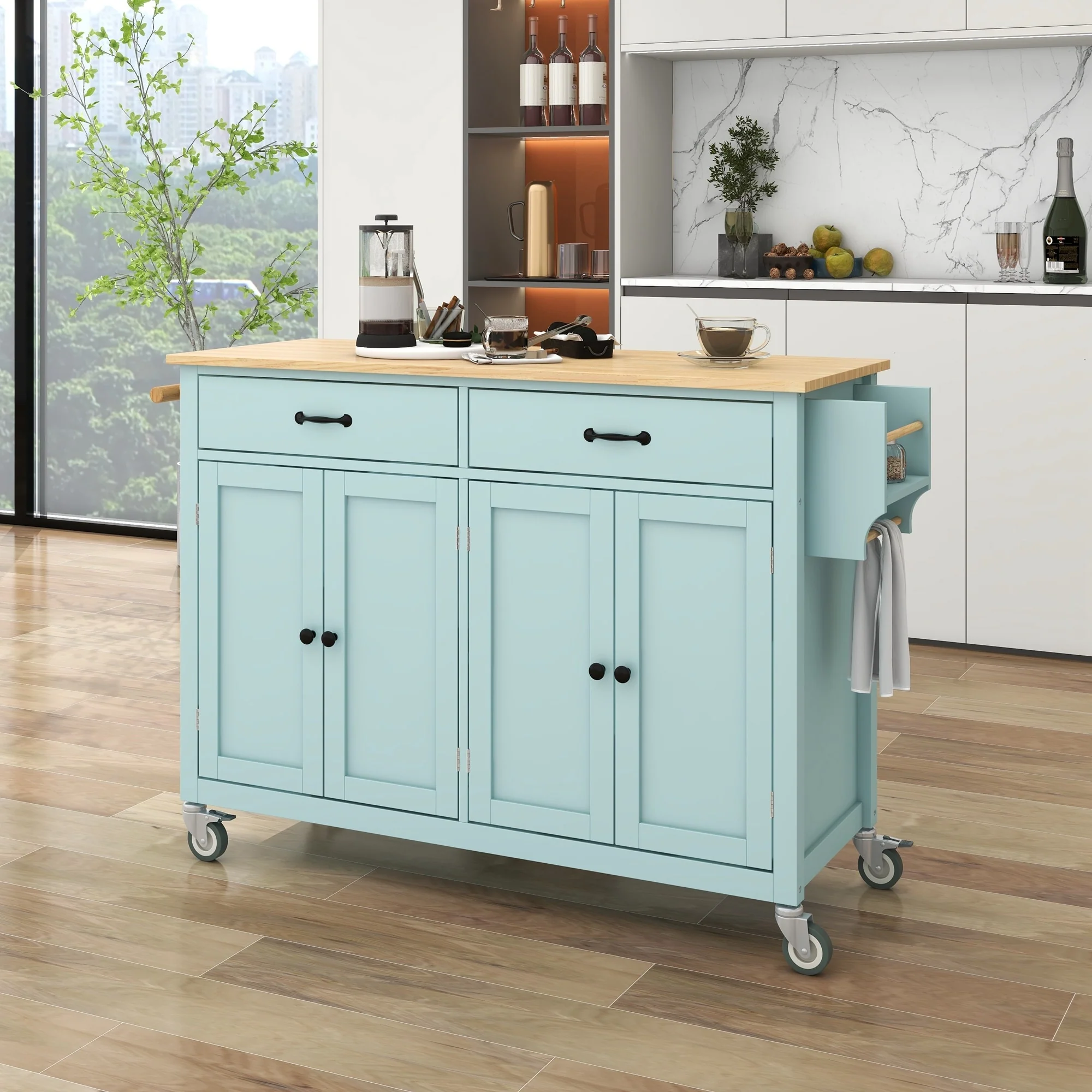 Kitchen Island Cart with Four Door Cabinet and Two Drawers with Locking Wheels