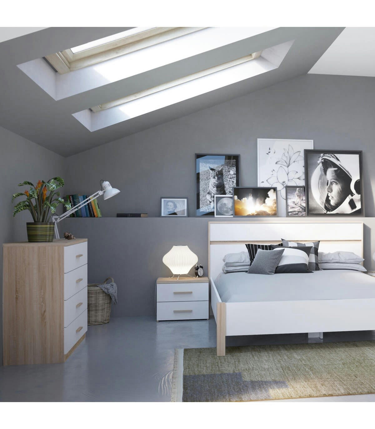 SELENA - Chevet 2 Tiroirs Décor Bois et Blanc L50 cm