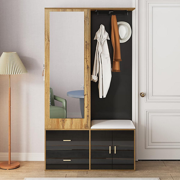 Ensemble dressing noir et bois avec miroir, armoire à chaussures, banc avec crochets et tringle