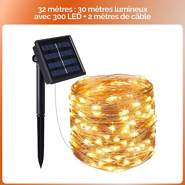 Lot de 4 guirlandes solaires extérieur lumineuses jardin, terrasse - Ampoules LED 8 modes - 32 m - Blanc chaud - Linxor