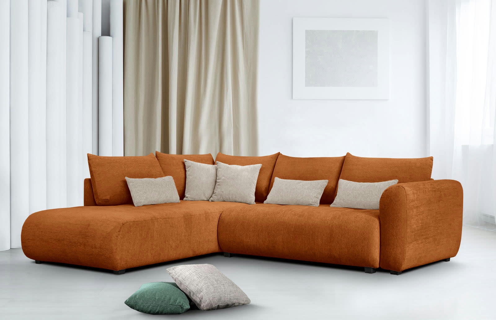 SORENO - Canapé d'angle gauche 5 places noisette avec le couchage