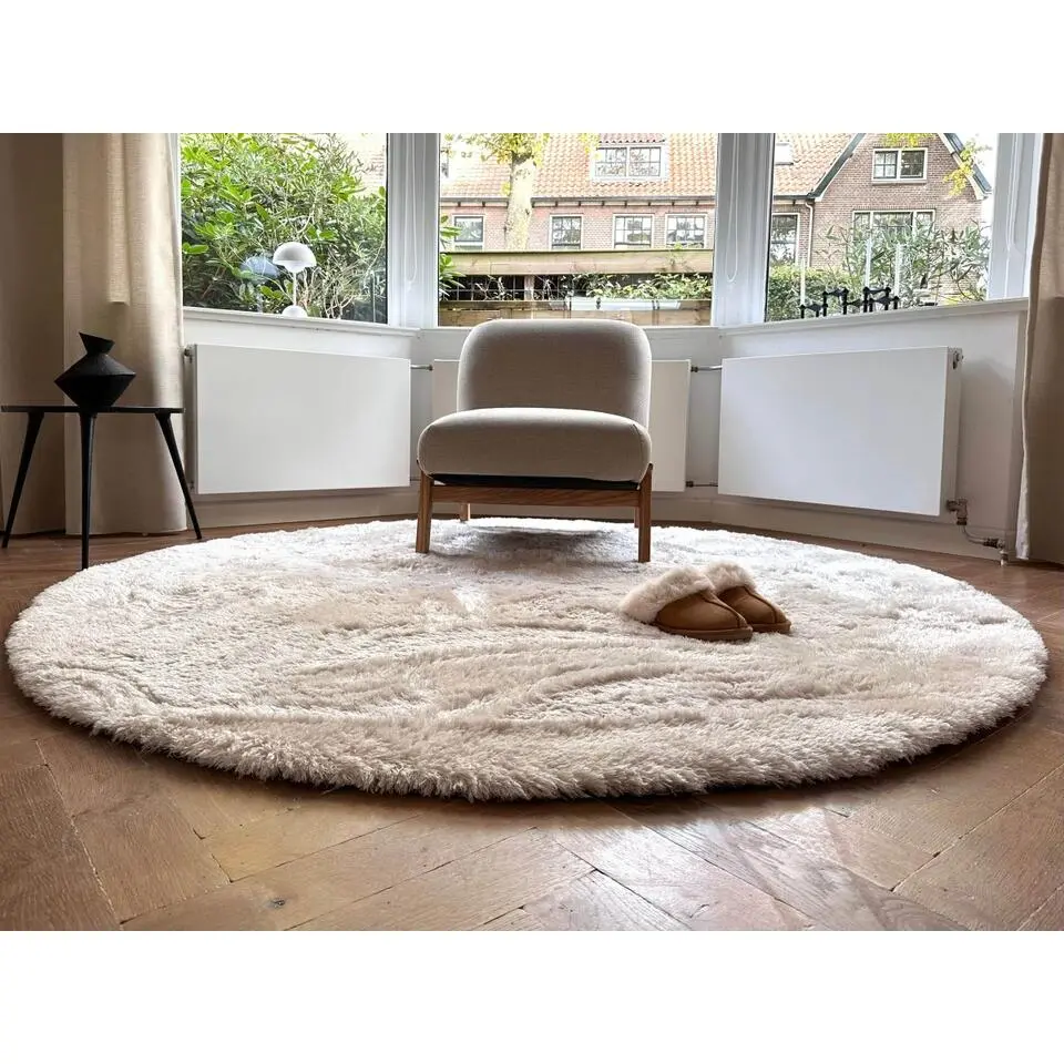 Interieur05 Rond Hoogpolig vloerkleed Odelia beige/wit - 160 x 160 cm