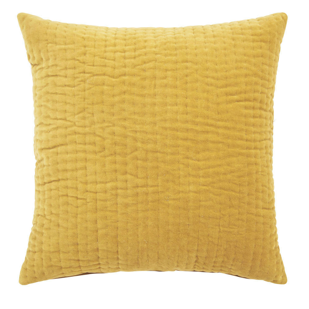 - Coussin en velours de coton ocre motif surpiqué 60x60