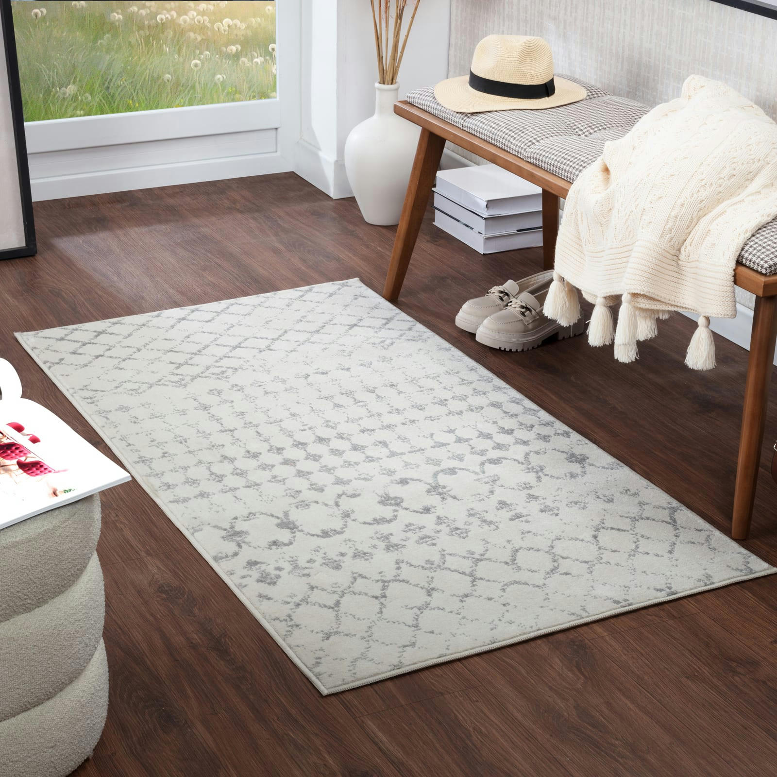 SOFIA - Tapis de Couloir Berbère Ethnique Blanc Cassé/Gris 80x150