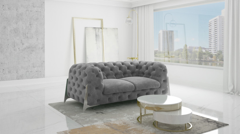 Ropez Miami sofa 2 pikowana wysokie nóżki welur szary