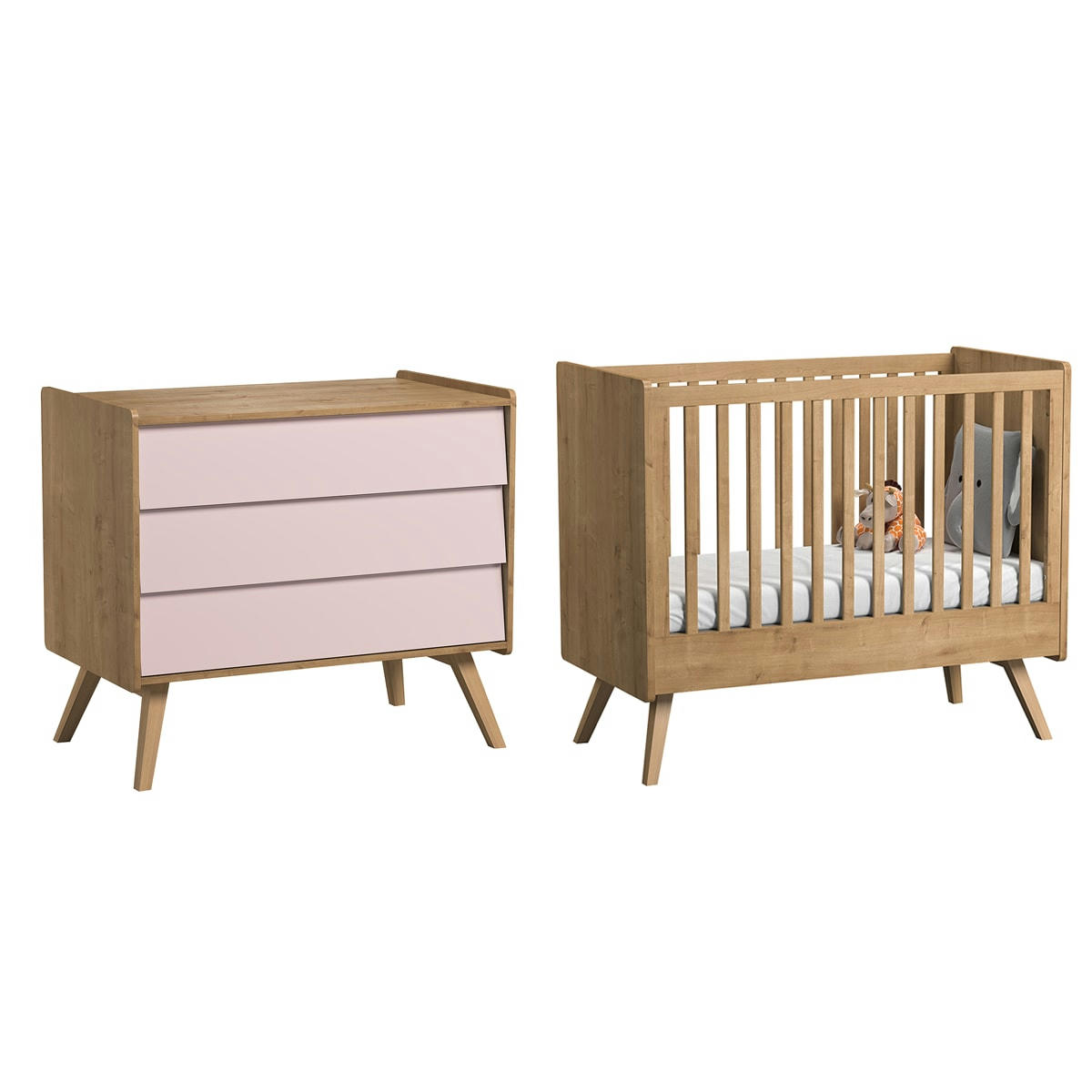 DUO - VINTAGE - Lit bébé 60x120 commode à langer naturel rose