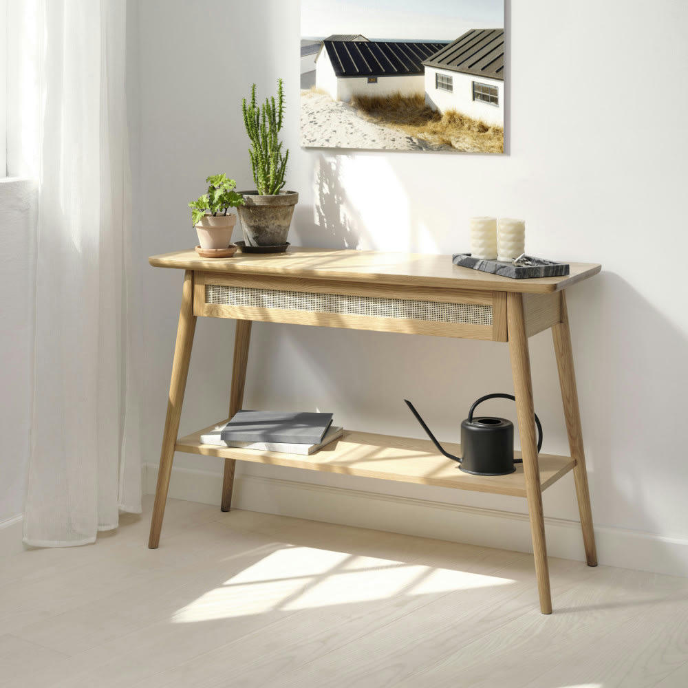 KIYO - Console 1 tiroir en bois et cannage L110cm bois clair