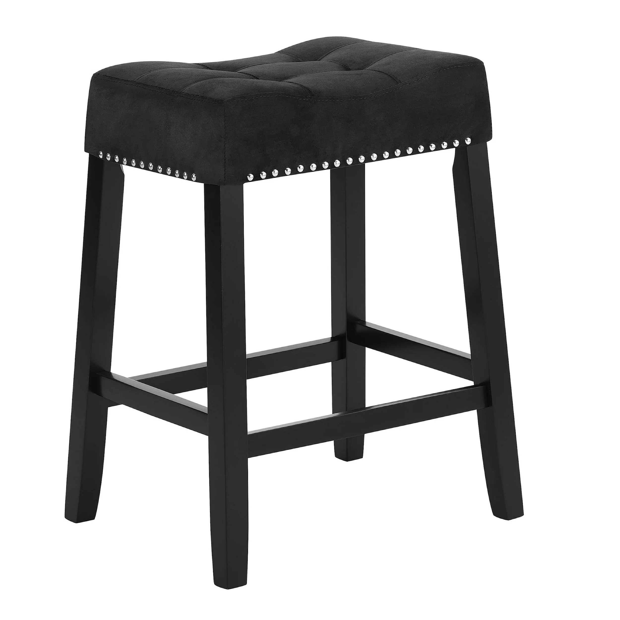 Jordan 26 Inch Counter Height Stool, Set of 2, Saddle Seat, Black Leather and Wood