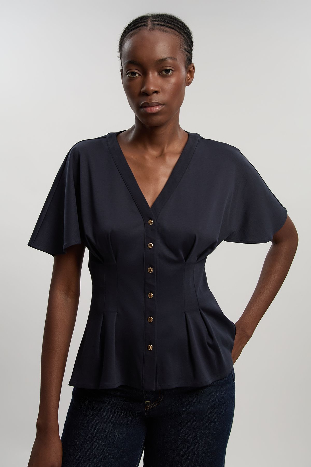 KarenMillen Jersey V Neck Button Detail T - Shirt