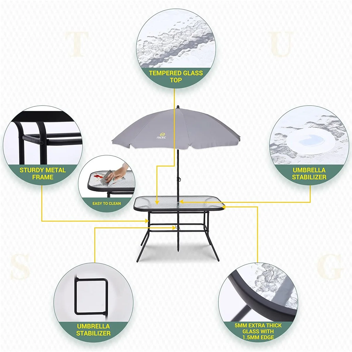 8-Piece Patio Dining Set, Garden Outdoor Table Set with Removable Umbrella, Glass Table, and 6 Folding Chairs