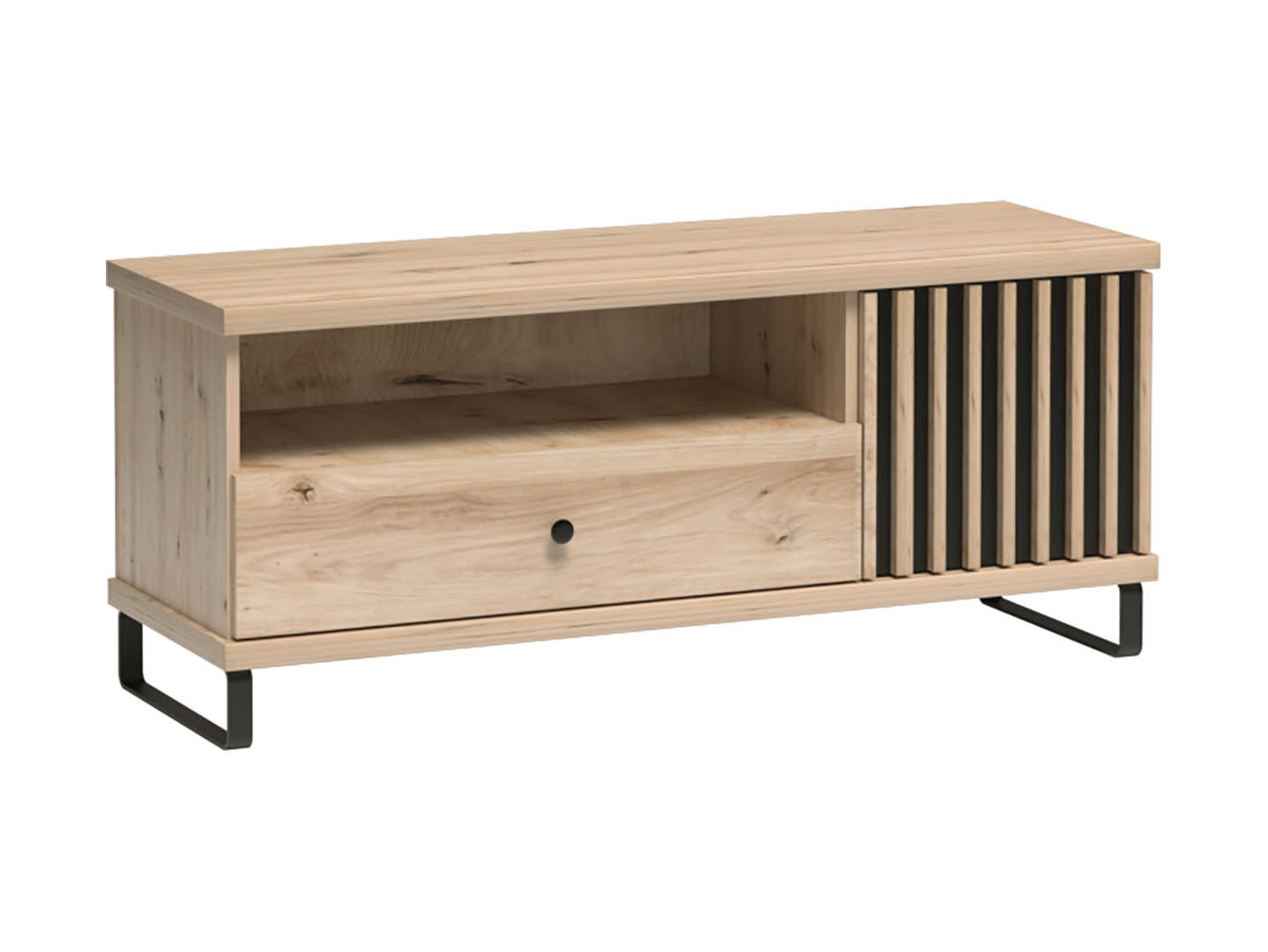 Szafka RTV 124 cm CALI C-7 z metalowymi nóżkami lamelami dąb artisan