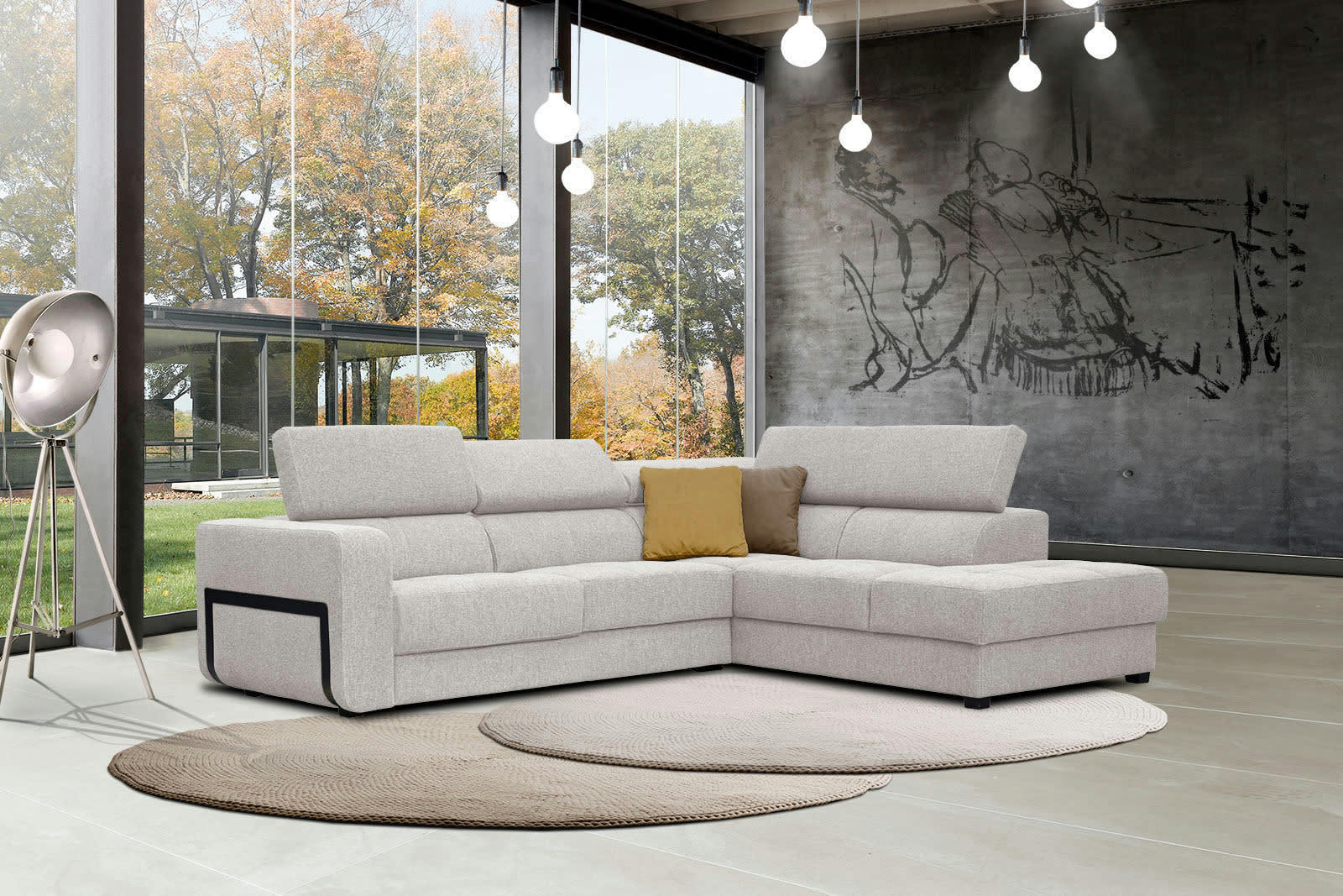 BERGO - Canapé d'angle droit 5 places en tissu beige clair avec coussins déco