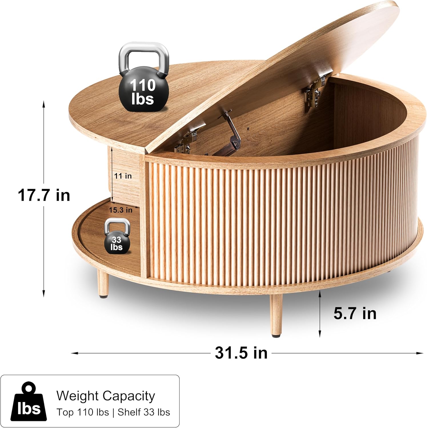 Round Coffee Table, 31.5 Fluted Center Table with Storage, Lift-Top Coffee Table with Adjustable Footpads, Sliding Door, Mid-Century Modern Center Table for Living Room, Small Space (Nature)