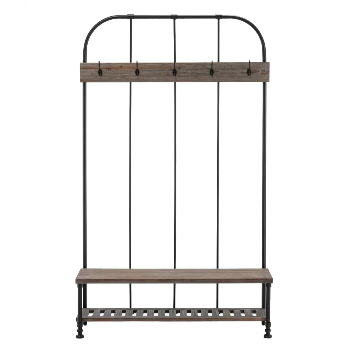 Wood and Metal Industrial Hall Tree with Bench, Brown
