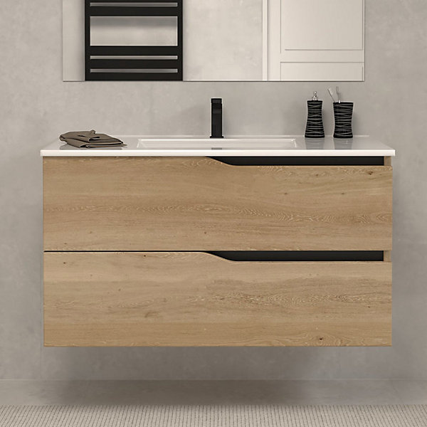 Meuble sous vasque seul, 2 tiroirs, 90cm, simple vasque - madera miel (chêne clair) - LUNA