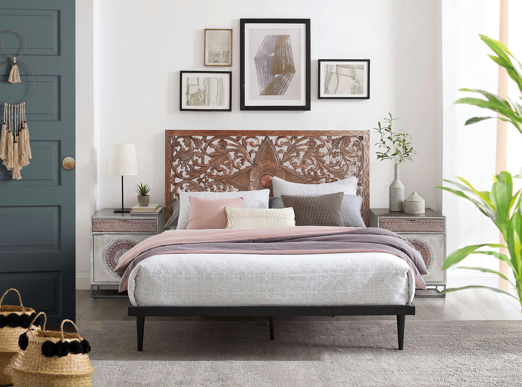 - Tête de lit en bois de manguier couleur noyer