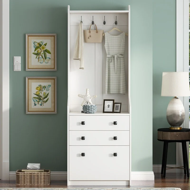 27.5W Narrow Hall Tree with Flip Drawer, Small Coat Rack with 4 Hanging Hooks &Drawers