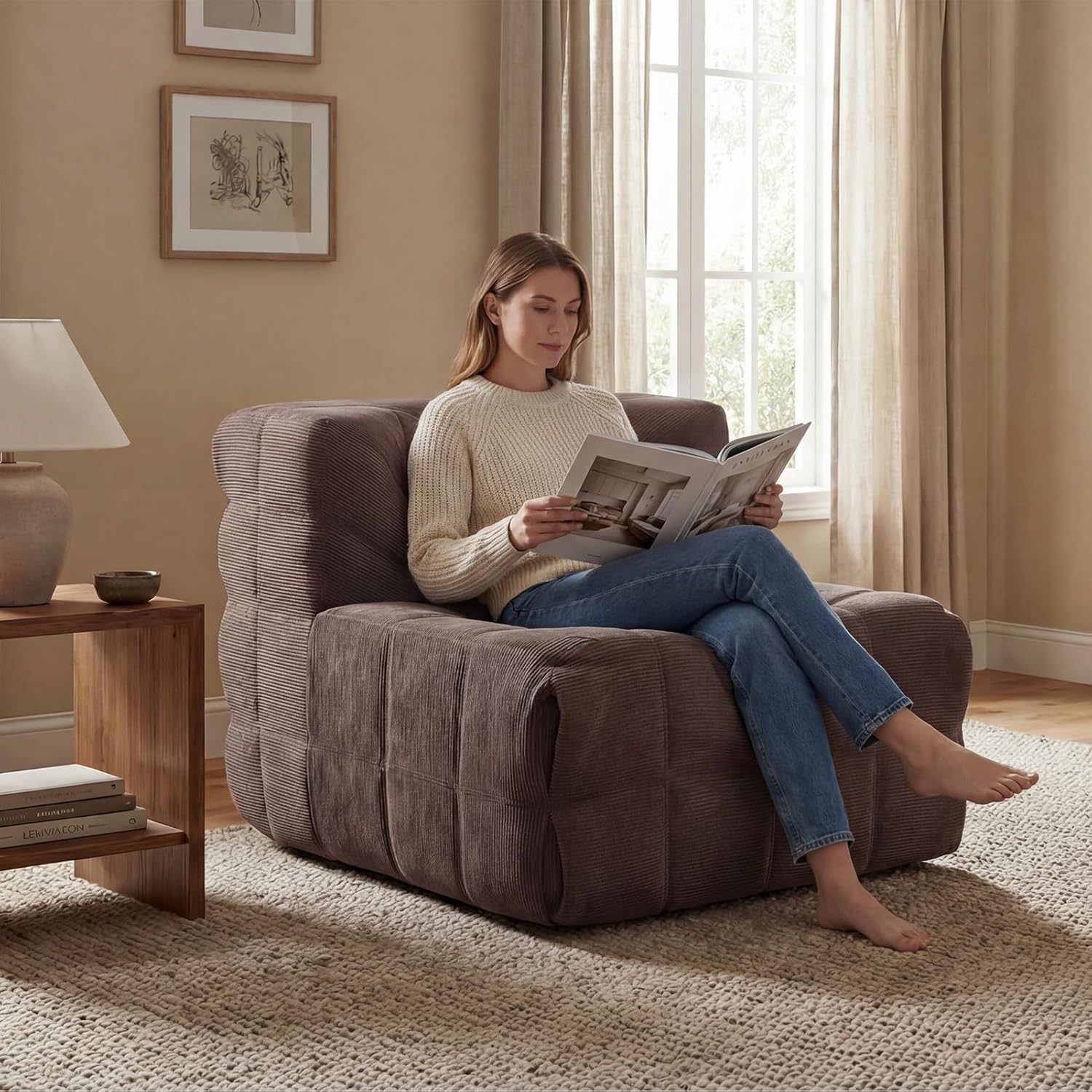 Corduroy Single-Seater Compression couch，boneless couch small for bedrooms and living rooms，comfy lazy floor sofa couch, designed specifically for small spaces in apartments and office (Coffee brown) | Boneless Design, Pull-point process
