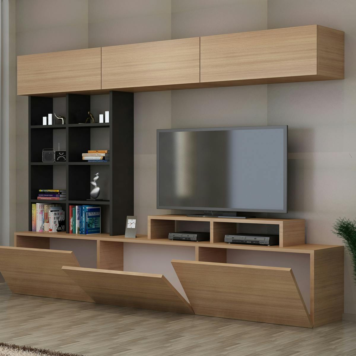 Ensemble meuble TV moderne décor bois étagères noires MARFA