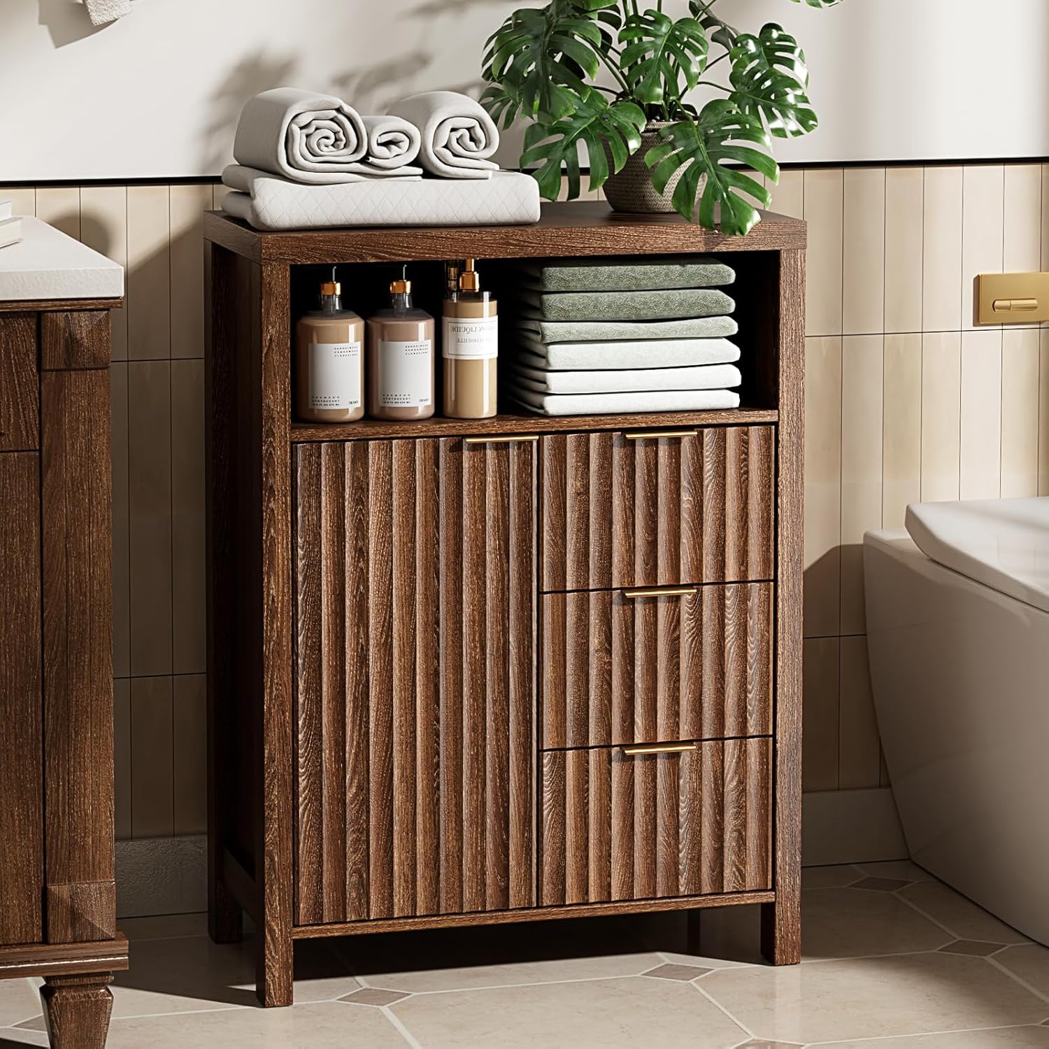 VINGLI Bathroom Floor Storage Cabinet with 3 Drawers, Modern 32 Freestanding Short Storage Organizer with Fluted Door & Adjustable Shelf, 12 Inch Deep Walnut Wooden Console for Small Space