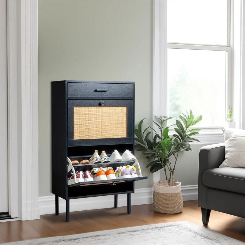 Real Rattan Shoe Cabinet with 2 Flip Drawers & 1 Small Drawer