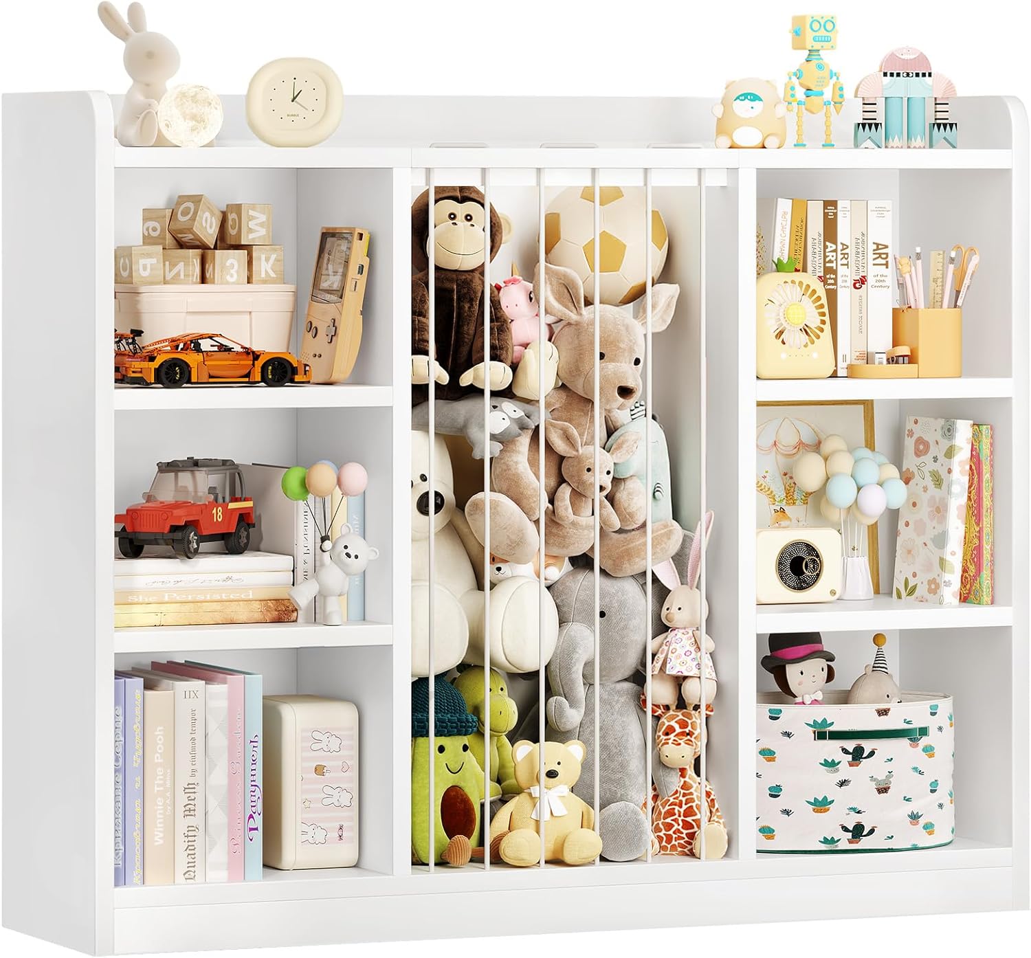 Toddler Stuffed Animal Zoo, Toy Storage Organizer for Playroom, Plush Toy Organizers and Storage, Book Shelf for Kids Rooms, Elastic Band Child Bookcase, Toy Shelf with 8 Storage Cubbies (White)