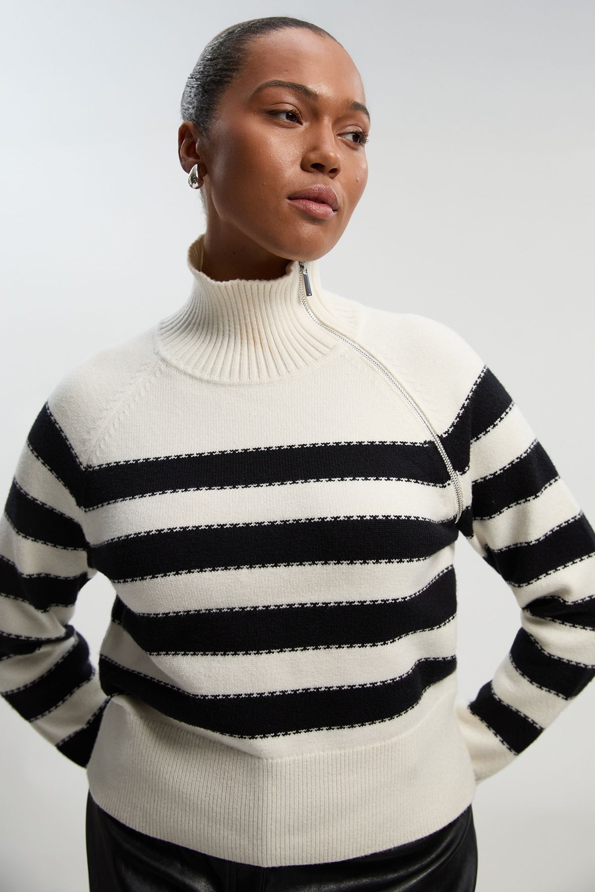 KarenMillen Plus Size Stripe Zip Through Funnel Neck Knit Jumper