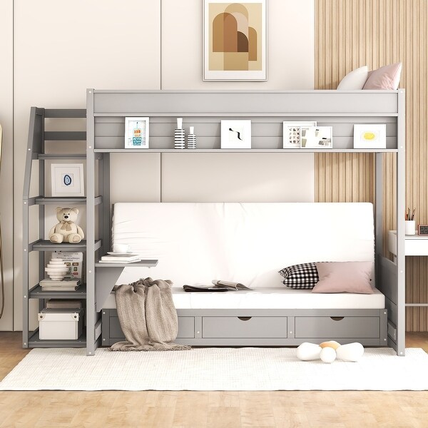 Wood Full Size Convertible Bunk Bed with Storage Staircase, Bedside Table, and 3 Drawers