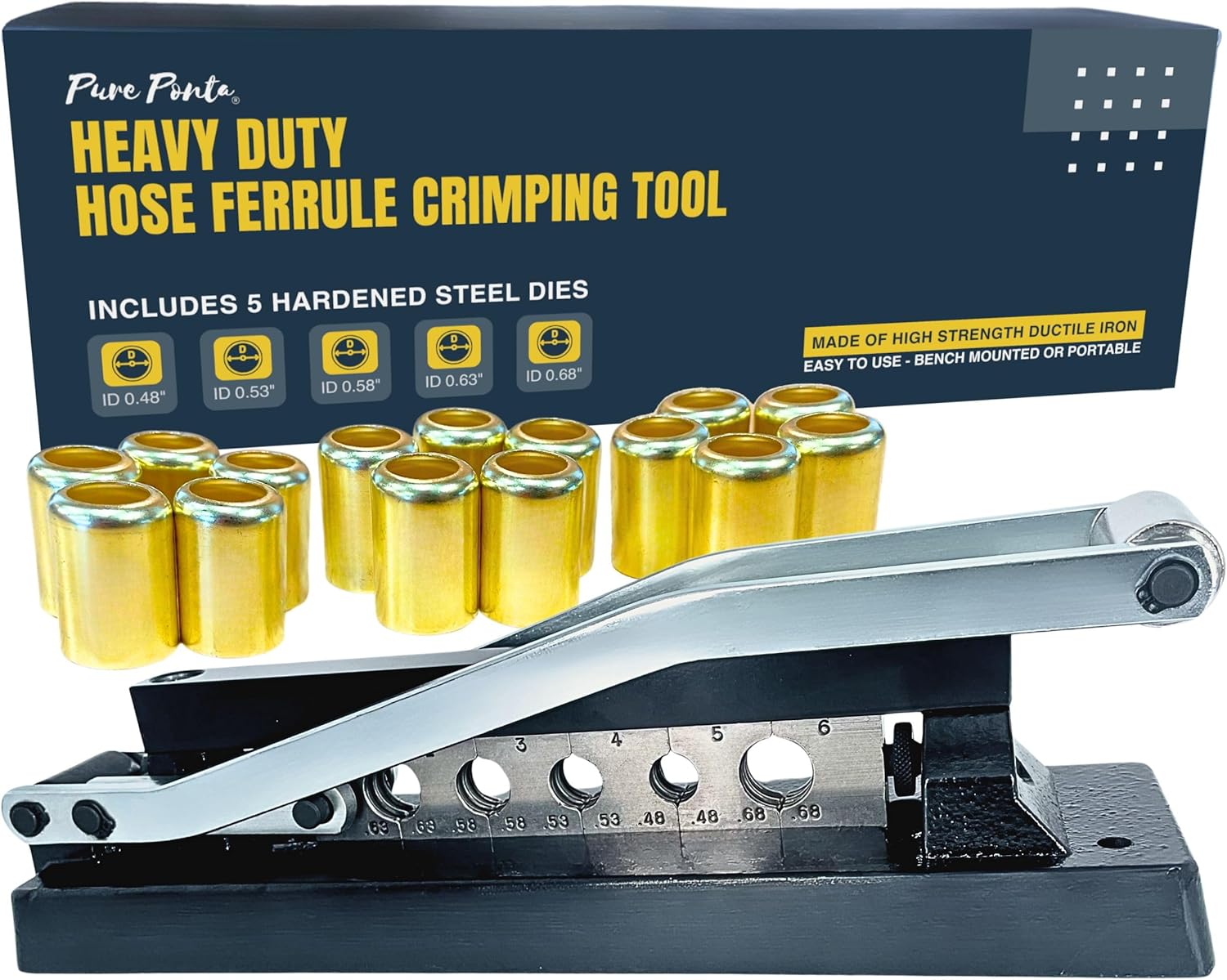 Pure Ponta Heavy Duty Ferrule Crimping Tool Air Hose Repair Kit for 3/8, 5/16, 1/4 inch ID Hoses, Crimper w/ 5 Hardened Steel Dies & 15 Ferrules Fittings, Torch & Compressor Crimpers