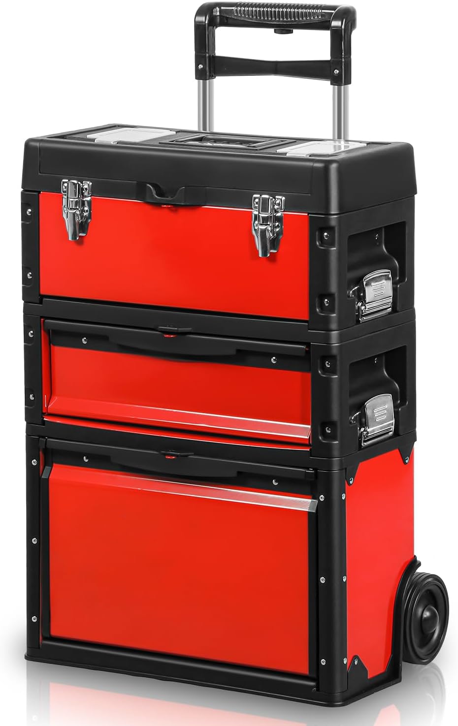 Auto Dynasty Stackable Tool Box 3-Tier Tool Separate Organizer Rolling Tool Chest with Wheels 3-in-1 Upright Trolley for Garage or Workshop, Red