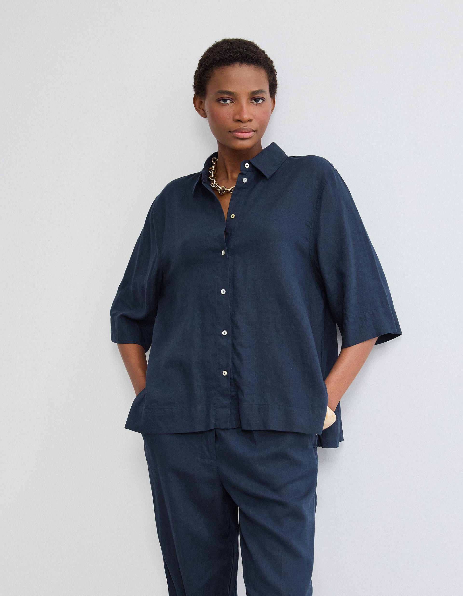 Camisa com Linho, Mulher, Azul Escuro