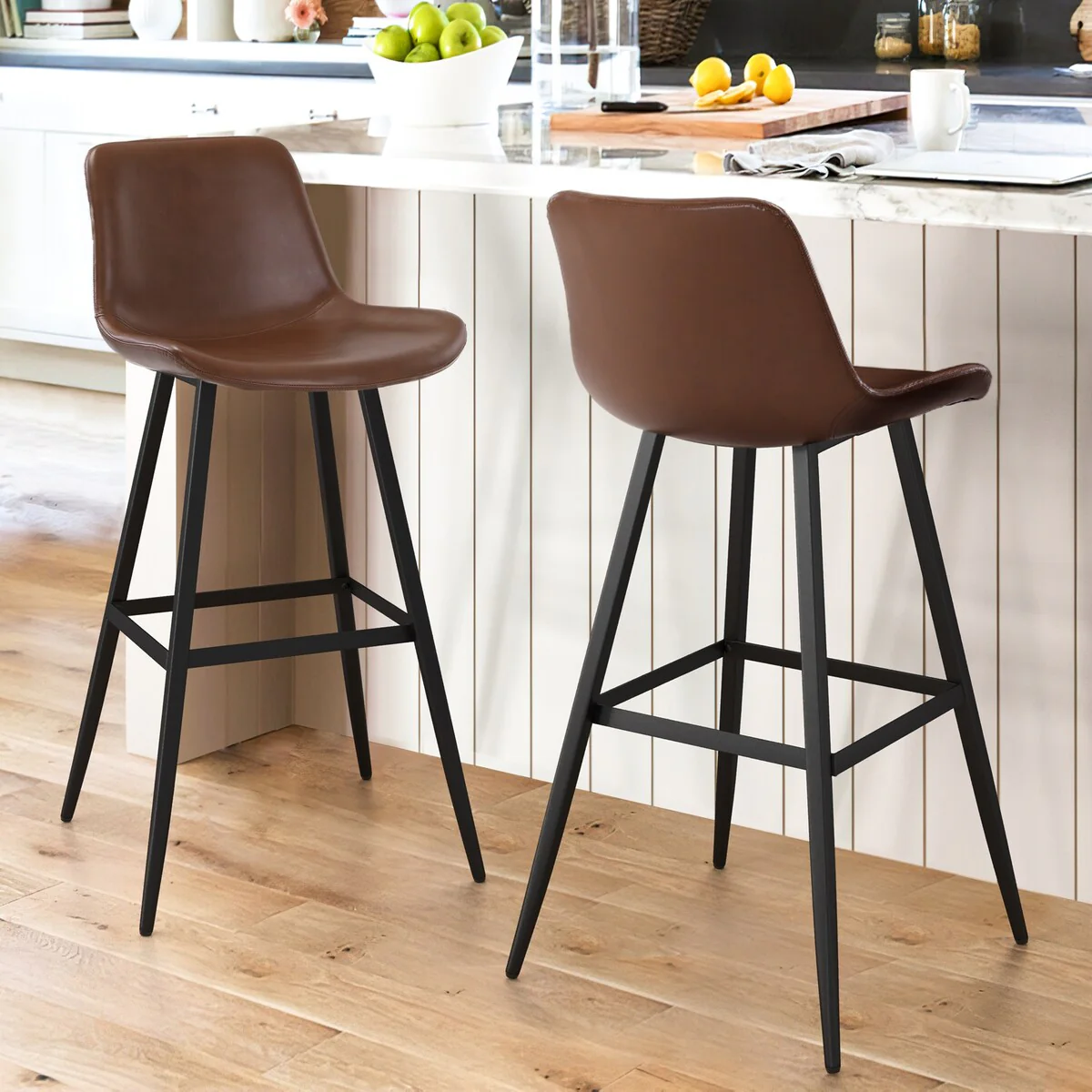 LUE BONA Modern Counter Height Bar Stools Faux Leather Upholstered Bar Stools Set of 2 with Metal Frame