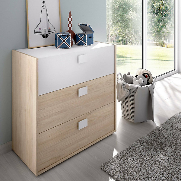 Commode Alibaba, Commode pour la chambre, Commode avec 3 tiroirs, 80x43h81 cm, Chêne et Blanc