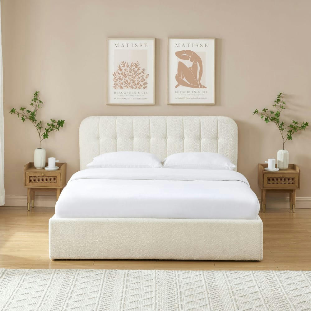 TORGO - Lit coffre matelassé en tissu bouclette 160x200cm ecru