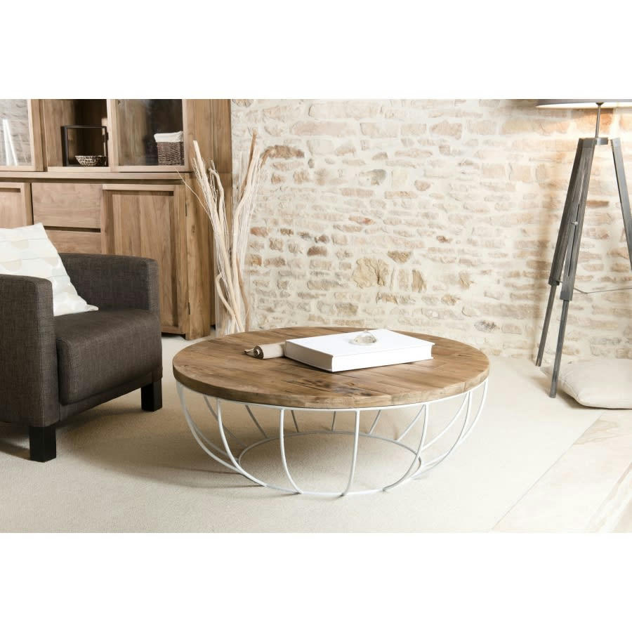ALIDA - Table basse coque en teck recyclé métal blanc D100