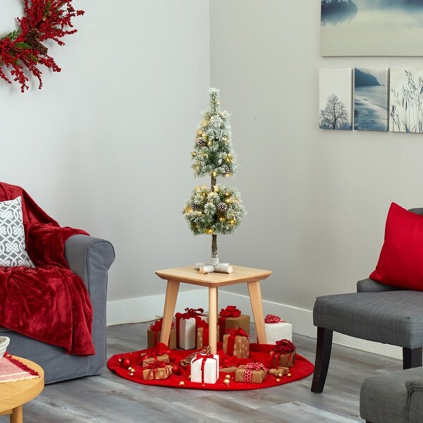 3' Flocked Christmas Tree Topiary with 50 LED Lights and Pine Cones - Green
