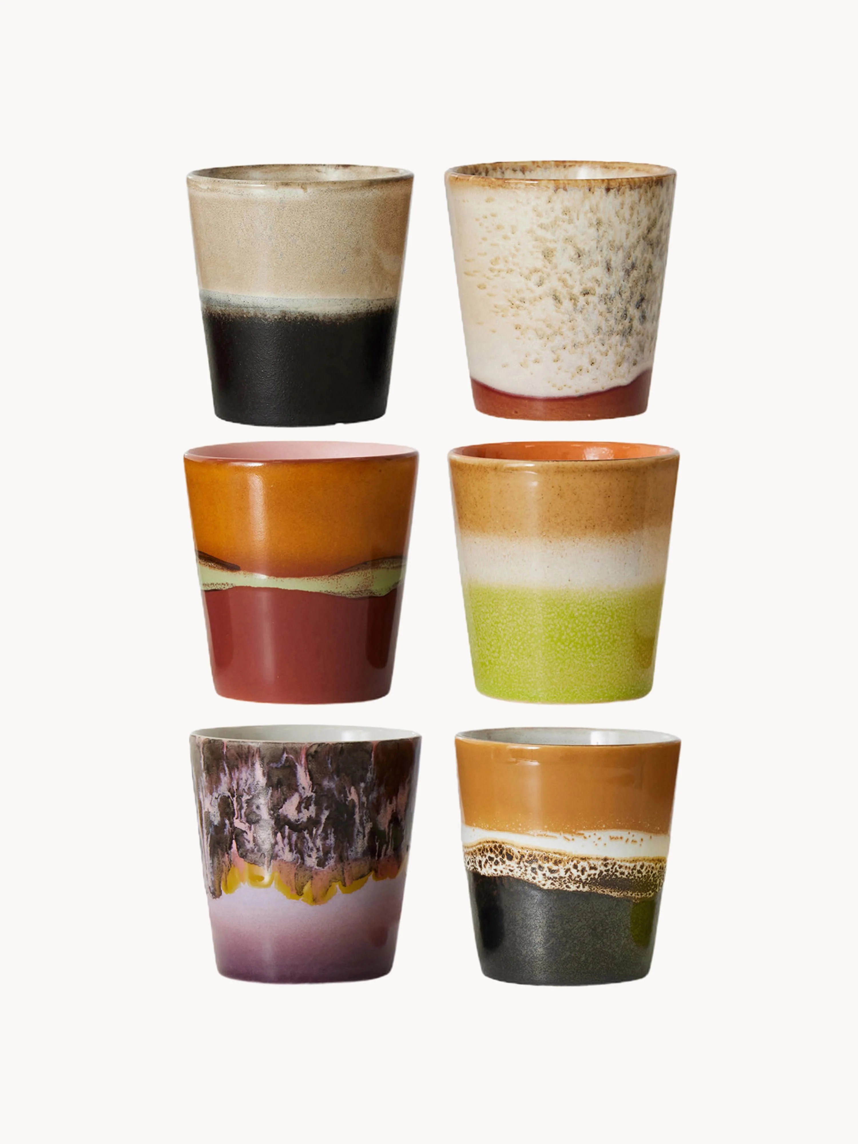 Handgefertigte Becher 70's mit Reaktivglasur, 6er-Set